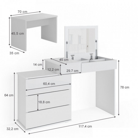 Masuta machiaj cu Oglinda LED si 4 Sertare pentru Cosmetice, Set Masa toaleta 117 cm, Alb, masuta cosmetica, vanity - SEA389 - Img 5