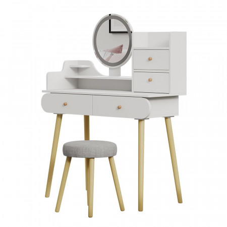 Masuta machiaj cu Oglinda LED si 4 Sertare pentru Cosmetice, Set Masa toaleta 100 cm, Alb, masuta cosmetica, vanity - SEA449 - Img 3
