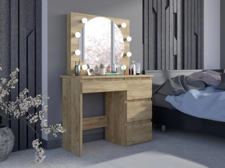 Masuta machiaj cu Oglinda LED si 4 Sertare pentru Cosmetice, Set Masa toaleta 94 cm, Stejar, masuta cosmetica, vanity - SEM524 - Img 6