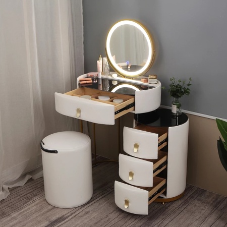 Masuta machiaj cu Oglinda LED si 4 Sertare pentru Cosmetice, Set Masa toaleta 60 cm, Alb, masuta cosmetica, vanity - SEA170 - Img 7
