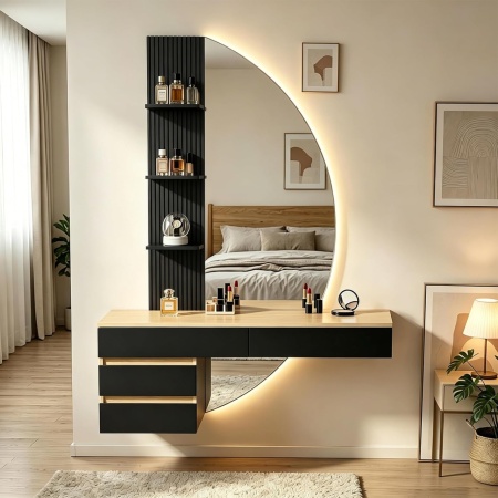 Masuta machiaj cu Oglinda LED si 4 Sertare pentru Cosmetice, Set Masa toaleta 106 cm, Alb - Maro, masuta cosmetica, vanity cu Riflaj si Rafturi - SEM247 - Img 3