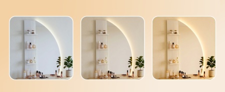 Masuta machiaj cu Oglinda LED si 4 Sertare pentru Cosmetice, Set Masa toaleta 106 cm, Alb - Maro, masuta cosmetica, vanity cu Riflaj si Rafturi - SEM247 - Img 12