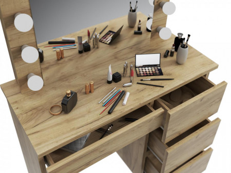 Masuta machiaj cu Oglinda LED si 4 Sertare pentru Cosmetice, Stejar, masuta cosmetica, vanity - SEM502 - Img 5