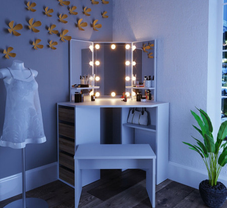 Masuta machiaj cu Oglinda LED si 5 Sertare pentru Cosmetice, Alb, masuta cosmetica, vanity - SEA274 - Img 4