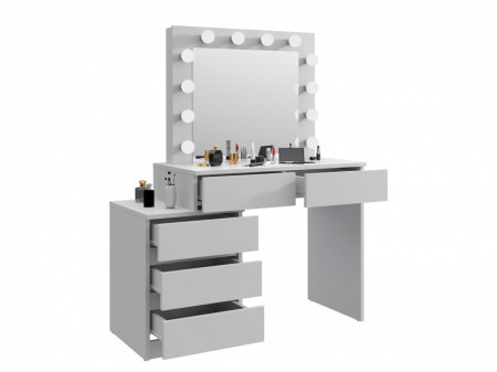 Masuta machiaj cu Oglinda LED si 5 Sertare pentru Cosmetice, Set Masa toaleta 112 cm, Alb, masuta cosmetica, vanity - SEA539 - Img 5
