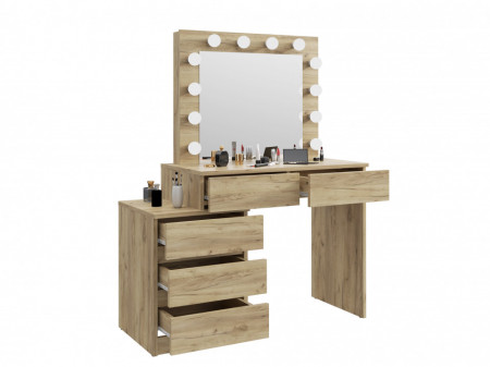 Masuta machiaj cu Oglinda LED si 5 Sertare pentru Cosmetice, Set Masa toaleta 112 cm, Stejar, masuta cosmetica, vanity - SEM510 - Img 4