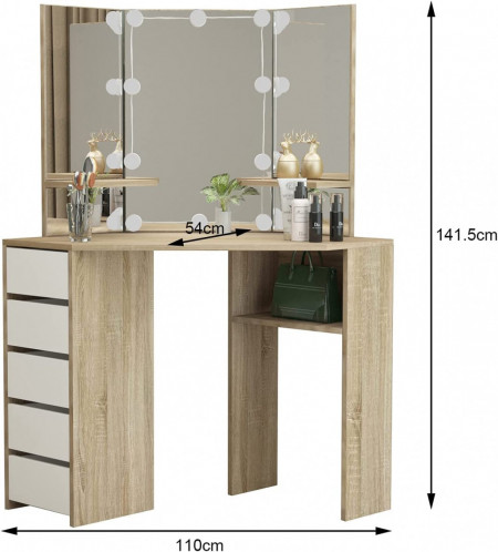 Masuta machiaj cu Oglinda LED si 5 Sertare pentru Cosmetice, Set Masa toaleta 110 cm, Alb, masuta cosmetica, vanity - SEM14 - Img 3