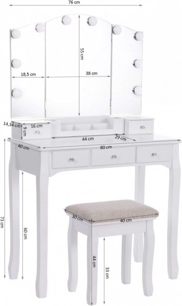 Masuta machiaj cu Oglinda LED si 5 Sertare pentru Cosmetice, Set Masa toaleta 80 cm, Alb, masuta cosmetica, vanity - SEA92 - Img 2