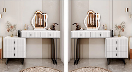 Masuta machiaj cu Oglinda LED si 5 Sertare pentru Cosmetice, Set Masa toaleta 140 cm, Alb, masuta cosmetica, vanity - SEA94 - Img 2
