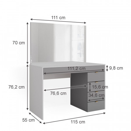 Masuta machiaj cu Oglinda LED si 5 Sertare pentru Cosmetice, Set Masa toaleta 115 cm, Alb, masuta cosmetica, vanity - SEA445 - Img 3