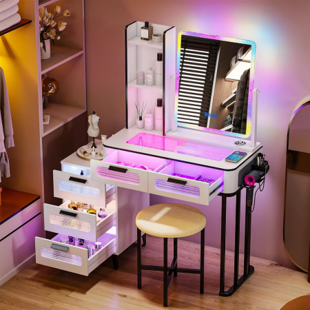 Masuta machiaj cu Oglinda LED si 5 Sertare pentru Cosmetice, Set Masa toaleta 80 cm, Alb, masuta cosmetica, vanity - SEA455 - Img 2