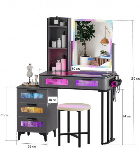 Masuta machiaj cu Oglinda LED si 5 Sertare pentru Cosmetice, Set Masa toaleta 80 cm, Negru, masuta cosmetica, vanity - SEG218 - Img 3