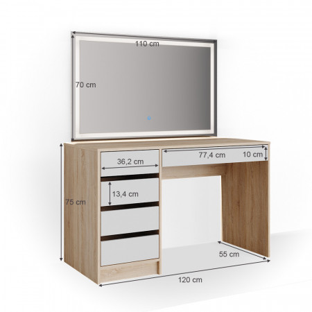 Masuta machiaj cu Oglinda LED si 5 Sertare pentru Cosmetice, Set Masa toaleta 120 cm, Alb, masuta cosmetica, vanity - SEM239 - Img 2