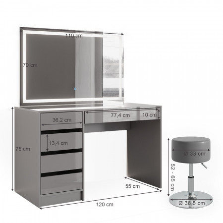 Masuta machiaj cu Oglinda LED si 5 Sertare pentru Cosmetice, Set Masa toaleta 120 cm, Gri, masuta cosmetica, vanity - SEG220 - Img 2