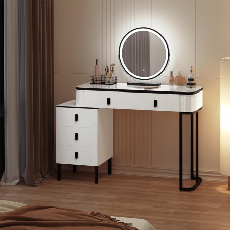 Masuta machiaj cu Oglinda LED si 5 Sertare pentru Cosmetice, Set Masa toaleta 100 cm, Alb, masuta cosmetica, vanity - SEA470 - Img 2