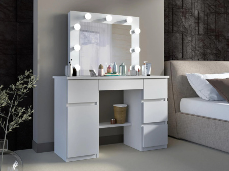Masuta machiaj cu Oglinda LED si 5 Sertare pentru Cosmetice, Set Masa toaleta 120 cm, Alb, masuta cosmetica, vanity - SEA546 - Img 7