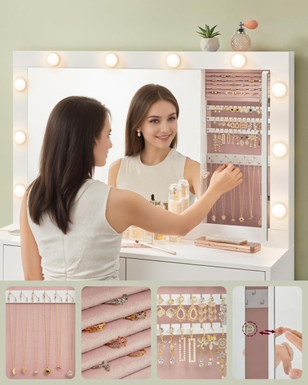 Masuta machiaj cu Oglinda LED si 5 Sertare pentru Cosmetice, Set Masa toaleta 125 cm, Alb, masuta cosmetica, vanity - SEA803 - Img 4