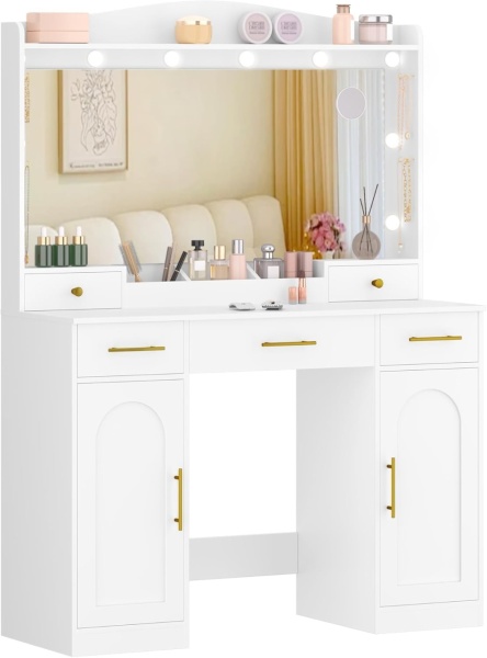 Masuta machiaj cu Oglinda LED si 5 Sertare pentru Cosmetice, Set Masa toaleta 108 cm, Alb, masuta cosmetica, vanity - SEA911 - Img 7
