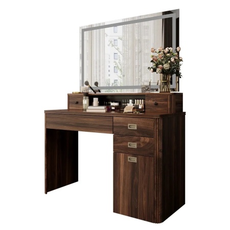 Masuta machiaj cu Oglinda LED si 5 Sertare pentru Cosmetice, Set Masa toaleta 115 cm, Maro, masuta cosmetica, vanity - SEM246 - Img 3
