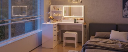 Masuta machiaj cu Oglinda LED si 5 Sertare pentru Cosmetice, Set Masa toaleta 120 cm, Alb, masuta cosmetica, vanity - SEA496 - Img 7