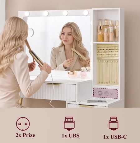 Masuta machiaj cu Oglinda LED si 5 Sertare pentru Cosmetice, Set Masa toaleta 110 cm, Alb, masuta cosmetica, vanity - SEA823 - Img 7