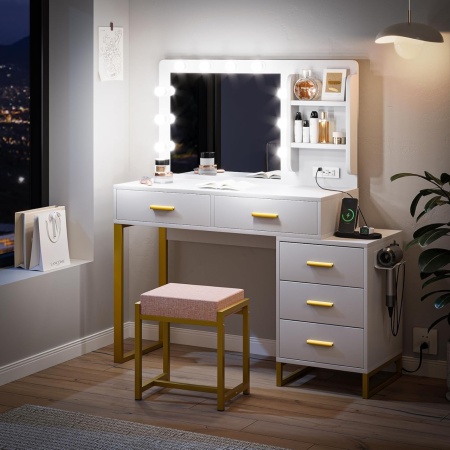 Masuta machiaj cu Oglinda LED si 5 Sertare pentru Cosmetice, Set Masa toaleta 99 cm, Alb, masuta cosmetica, vanity - SEA829 - Img 3