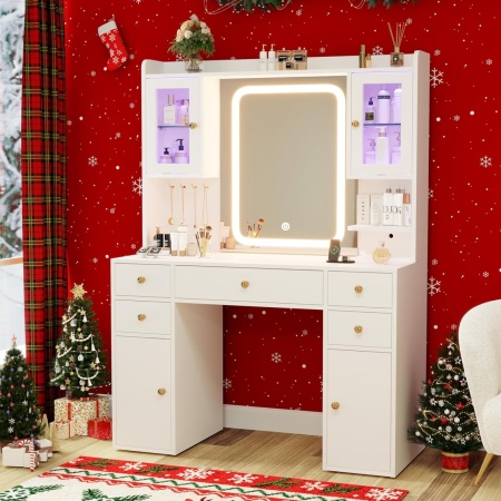 Masuta machiaj cu Oglinda LED si 5 Sertare pentru Cosmetice, Set Masa toaleta 105 cm, Alb, masuta cosmetica, vanity - SEA201 - Img 3