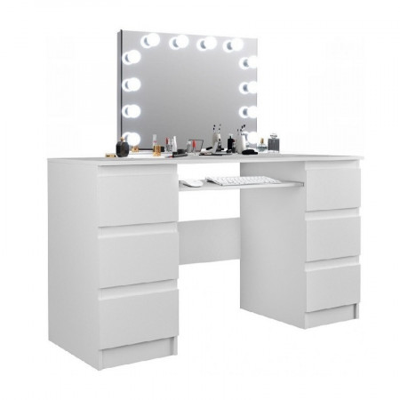 Masuta machiaj cu Oglinda LED si 6 Sertare pentru Cosmetice, Set Masa toaleta 130 cm, Alb, masuta cosmetica, vanity - SEA535 - Img 5