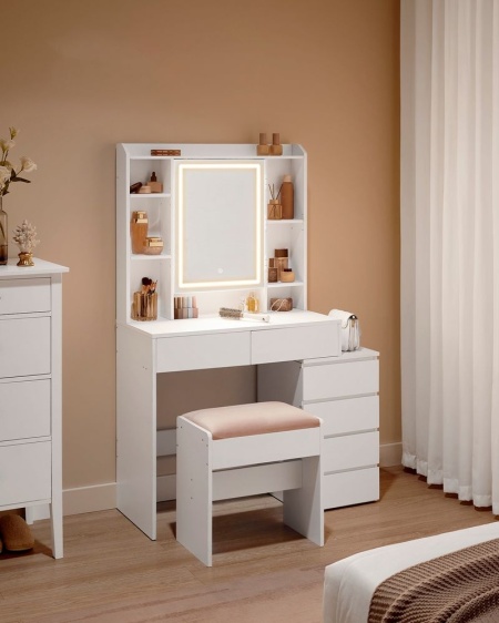Masuta machiaj cu Oglinda LED si 6 Sertare pentru Cosmetice, Set Masa toaleta 118 cm, Alb, masuta cosmetica, vanity - SEA95 - Img 5