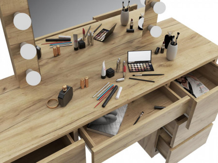 Masuta machiaj cu Oglinda LED si 7 Sertare pentru Cosmetice, Set Masa toaleta 120 cm, Stejar, masuta cosmetica, vanity - SEM508 - Img 3