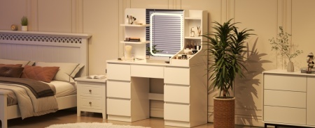 Masuta machiaj cu Oglinda LED si 7 Sertare pentru Cosmetice, Set Masa toaleta 110 cm, Alb / Negru / Roz, masuta cosmetica, vanity - SEA820 - Img 6