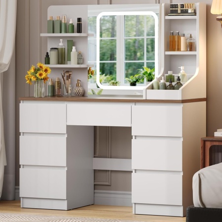 Masuta machiaj cu Oglinda LED si 7 Sertare pentru Cosmetice, Set Masa toaleta 110 cm, Alb / Negru / Roz / Alb Lucios / Alb cu Blat Maro, masuta cosmetica, vanity - SEA820 - Img 11