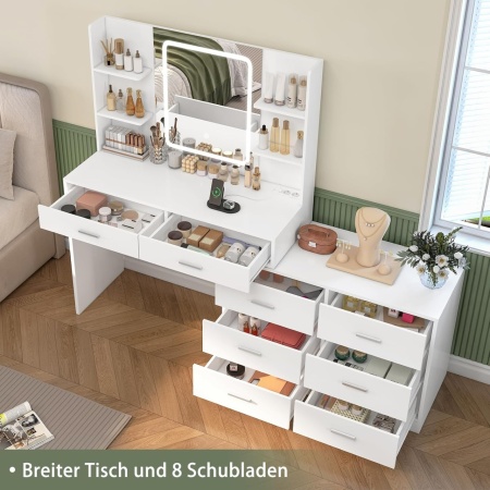 Masuta machiaj cu Oglinda LED si 8 Sertare pentru Cosmetice, Set Masa toaleta 167 cm, Alb, masuta cosmetica, vanity - SEA819 - Img 8