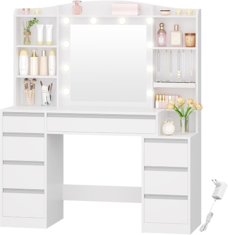 Masuta machiaj cu Oglinda LED si 8 Sertare pentru Cosmetice, Set Masa toaleta 120 cm, Alb, masuta cosmetica, vanity - SEA6 - Img 2