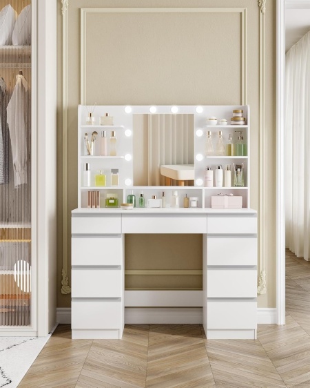 Masuta machiaj cu Oglinda LED si 9 Sertare pentru Cosmetice, Set Masa toaleta 109 cm, Alb, masuta cosmetica, vanity - SEA821 - Img 5