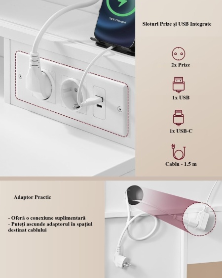 Masuta machiaj cu Oglinda LED si 9 Sertare pentru Cosmetice, Set Masa toaleta 110 cm, Alb, masuta cosmetica, vanity - SEA822 - Img 10