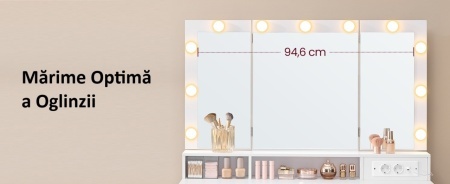 Masuta machiaj cu Oglinda LED si 9 Sertare pentru Cosmetice, Set Masa toaleta 107 cm, Alb, masuta cosmetica, vanity - SEA11 - Img 8