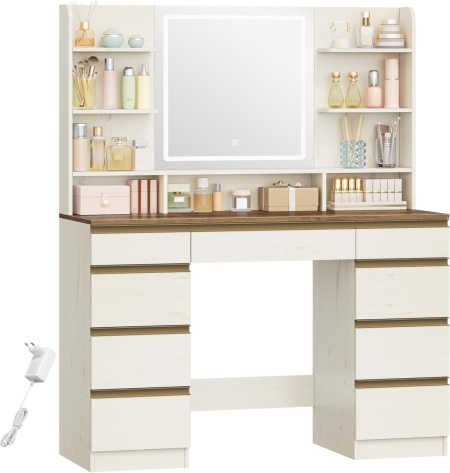 Masuta machiaj cu Oglinda LED si 9 Sertare pentru Cosmetice, Set Masa toaleta 109 cm, Alb, masuta cosmetica, vanity - SEA18 - Img 3