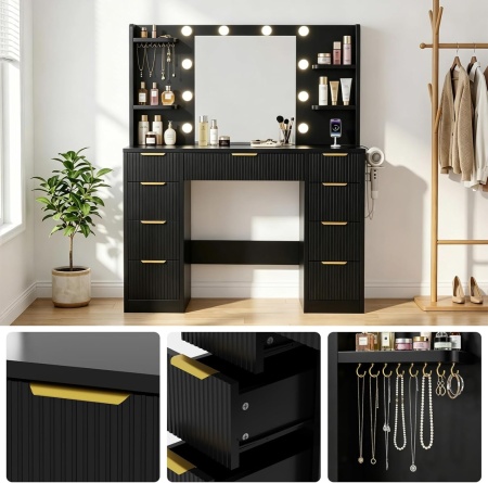 Masuta machiaj cu Oglinda LED si 9 Sertare pentru Cosmetice, Set Masa toaleta 108 cm, Alba sau Neagra cu Riflaj, masuta cosmetica cu Prize, USB, USB-C si Suport Uscator de Par, Suport Bijuterii vanity - SEA202 - Img 7