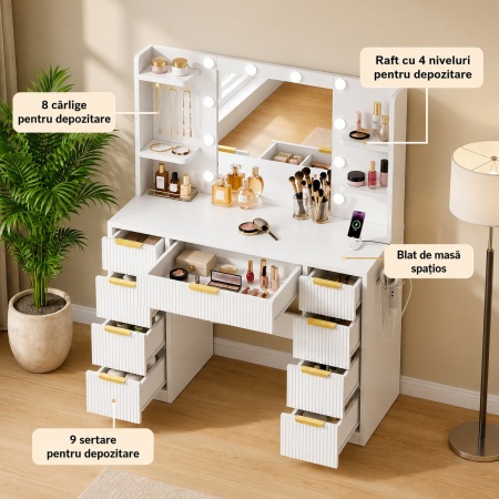 Masuta machiaj cu Oglinda LED si 9 Sertare pentru Cosmetice, Set Masa toaleta 108 cm, Alba sau Neagra cu Riflaj, masuta cosmetica cu Prize, USB, USB-C si Suport Uscator de Par, Suport Bijuterii vanity - SEA202 - Img 10