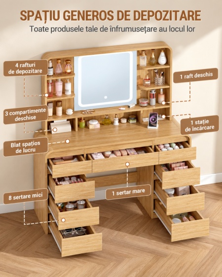 Masuta machiaj cu Oglinda LED si 9 Sertare pentru Cosmetice, Set Masa toaleta 108 cm, cu Priza si USB, masuta cosmetica Maro, vanity cu Rafturi - SEM1 - Img 9