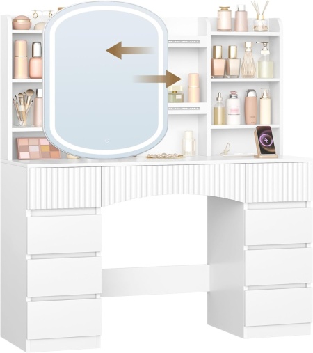 Masuta machiaj cu Oglinda LED si 9 Sertare si Rafturi pentru Cosmetice, Set Masa toaleta 108 cm, Alb, masuta cosmetica cu Priza si USB, vanity cu Dulapior - SEA17 - Img 3