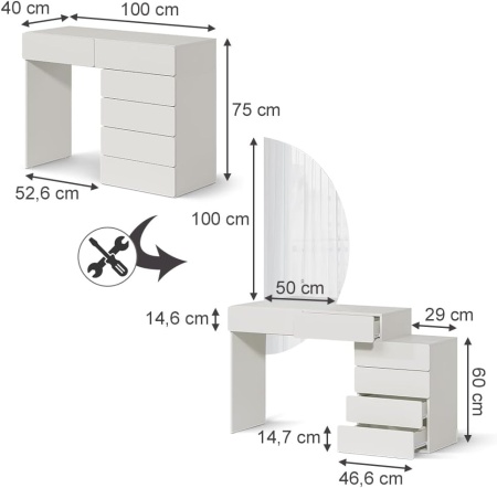 Masuta machiaj cu Oglinda Semiluna LED si 6 Sertare pentru Cosmetice, Set Masa toaleta 100 cm, Alba, masuta vanity, cosmetica - SEA837 - Img 7