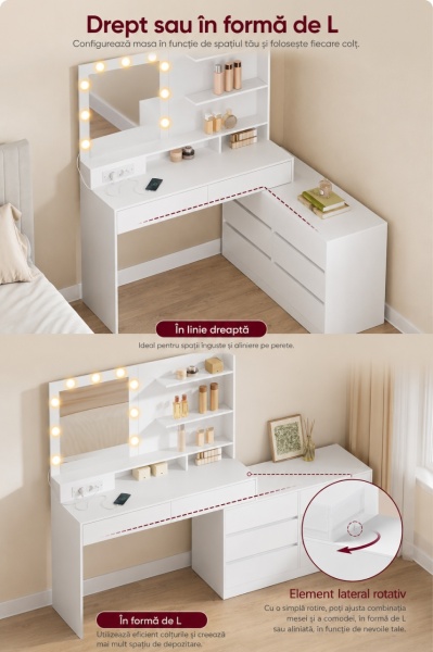 Masuta machiaj pentru Colt cu Oglinda LED si 8 Sertare pentru Cosmetice, Set Masa toaleta Alba, masuta cosmetica, vanity cu Priza si USB - SEA16 - Img 9
