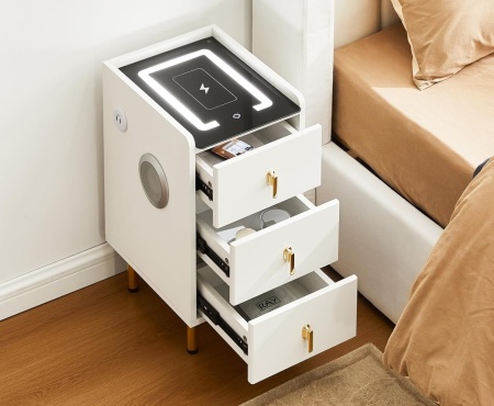 NOA1 - Set 2x Noptiere Smart, 30 cm, cu 3 sertare, LED, USB, Bluetooth, Incarcator Wireless, mobilier dormitor - Alb - Img 7