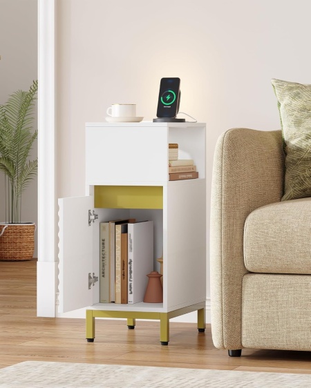 NOA2 - Set 2 Noptiere, 24 cm, foarte inguste, LED, USB si USB-C, Riflaje dormitor - Alb - Auriu - Img 12