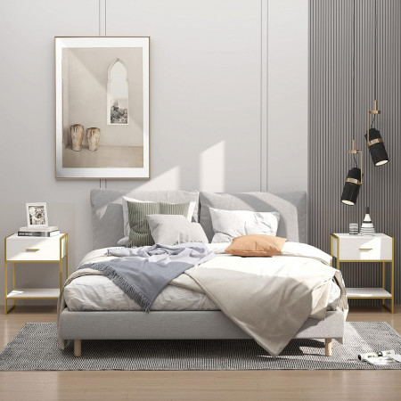 NOA225 - Set 2x Noptiere albe 45 cm, cu 1 sertar, dormitor - Alb-Auriu