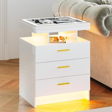 NOA245 - Set 2x Noptiere 45 cm, cu 3 sertare, LED, incarcator Wireless, Senzor Proximitate, USB Type-C, pentru dormitor - Alb/Negru - Auriu - Img 3