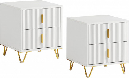 NOA29 - Set 2x Noptiere albe 40x40x47 cm, riflaje, cu sau fara Priza, cu 2 sertare, dormitor - Alb-Auriu - Img 8