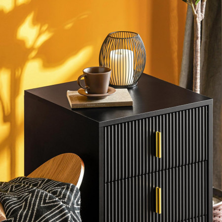 NON12 - Set 2x Noptiere negre 40x40x63cm, riflaje, cu 3 sertare, dormitor - Negru-Auriu - Img 3